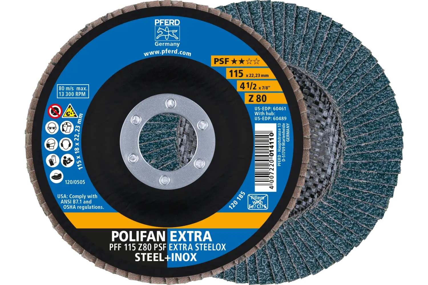 Picture of Pferd Flap Disc, 4-1/2" x 7/8, Z PSF Extra Steelox, 80 Grit, T27, Flat, Zirconia